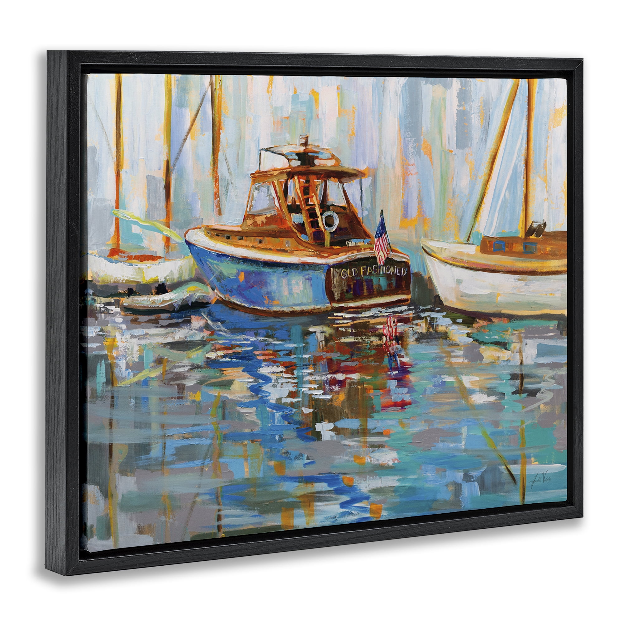 Stupell Industries Old Fashioned Boat Harbor Nautical & Beach Painting Black Floater Framed Canvas Art Print Wall Art, 21 x 17