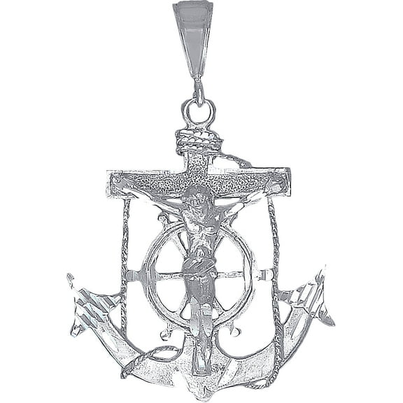 Sterling Silver Anchor Cross with Jesus Pendant Necklace with Diamond Cut Finish and 24 Inch Figaro Chain