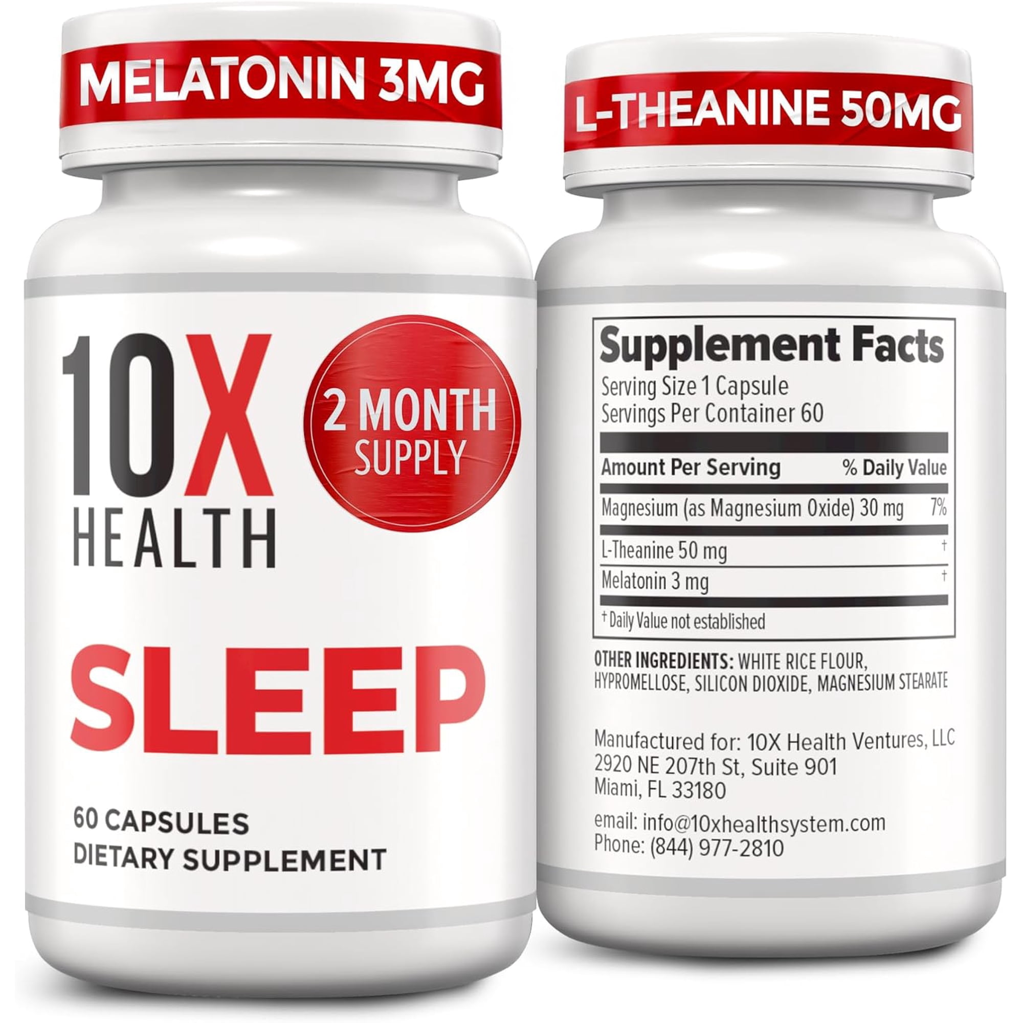 10X Health Sleep Aid with Melatonin, Magnesium, and L-Theanine for Sleep Support, 60 Capsules