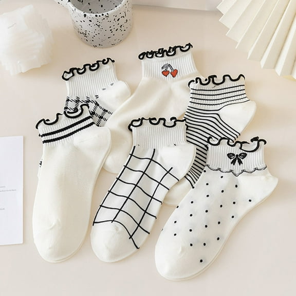 8pcs lace socks women's short socks summer thin sweet cute wooden ear boat socks Japanese jk black white student socks