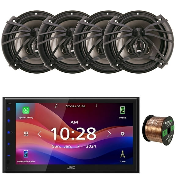 JVC KW-M690BW 6.8" Capacitive Monitor Single-DIN Bluetooth USB/MP3 Digital Media Shallow Chassis Multimedia Receiver, 4x Soundstream AF.653 6.5" 300 Watts Max Power 3-Way Speakers W/50 Feet 16G Wire