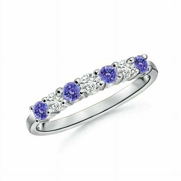 Natural Tanzanite and Diamonds 925 Sterling Silver Half Eternity Band Ring