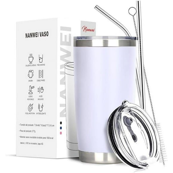 Vaso Térmico de Acero Inoxidable, Easytao Taza Termica Frio y Caliente para Cafe con Tapa y Popote, Cepillo de limpieza, Termo Infusor de Vacío Doble para Hombre, Mujer, Regalo (20oz/590ml, Blanco