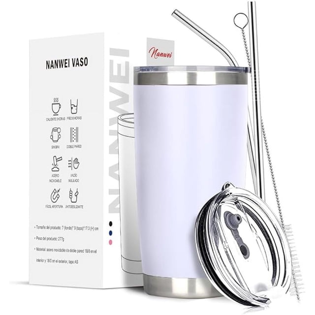 Vaso Térmico de Acero Inoxidable, Easytao Taza Termica Frio y Caliente para Cafe con Tapa y Popote, Cepillo de limpieza, Termo Infusor de Vacío Doble para Hombre, Mujer, Regalo (20oz/590ml, Blanco