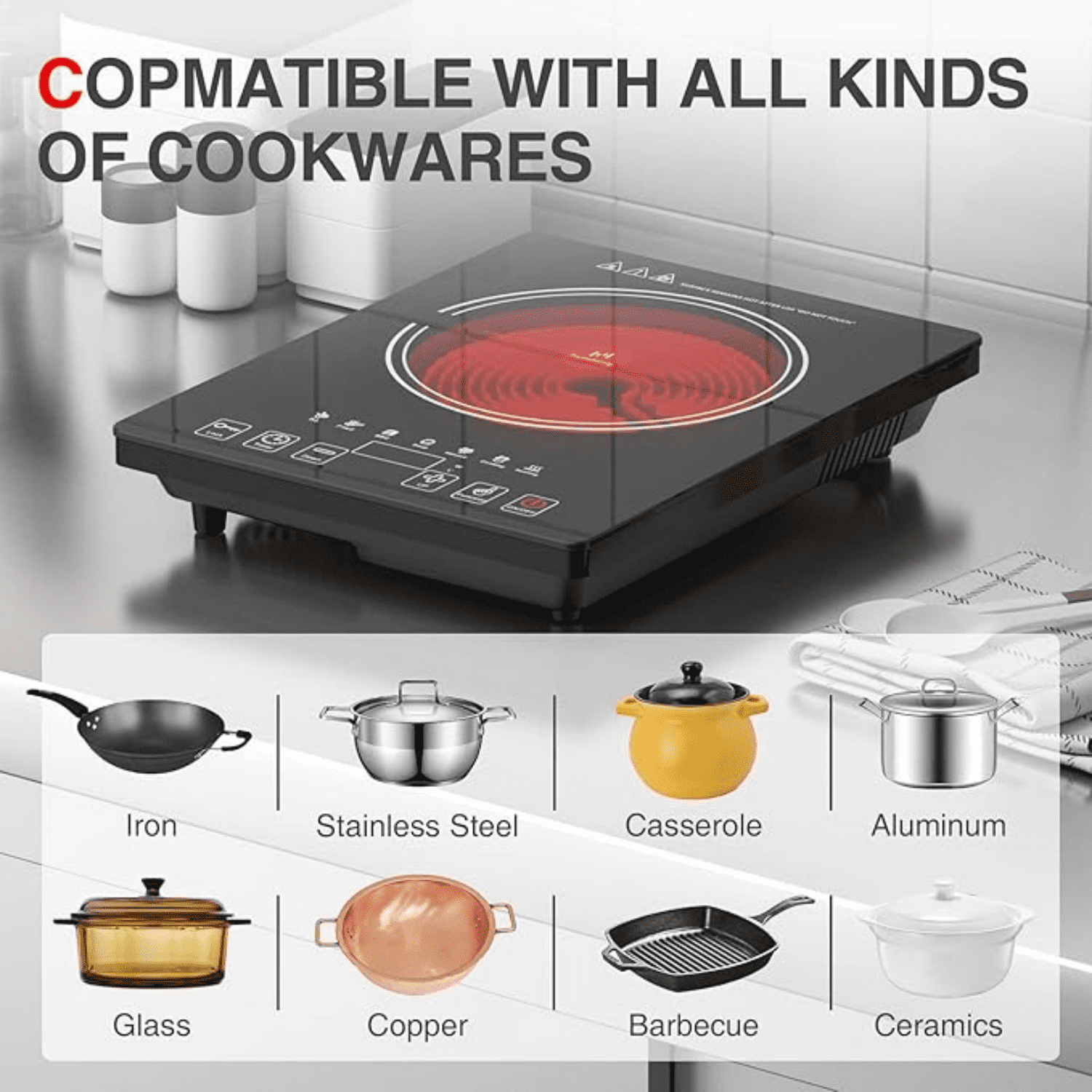Portable Electric Cooktop 1800W Single Burner with LED Touch Screen 8 Power and 8 Temperature Levels Timer 110V-120V Hot Plate Black Bestseling