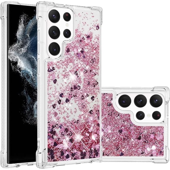 Compatible with Samsung Galaxy S22 Ultra Case Glitter Liquid Cute Clear Phone Case Floating Quicksand Shockproof Protective Bumper Silicone Soft TPU Case for Galaxy S22 Ultra Love Rose YB