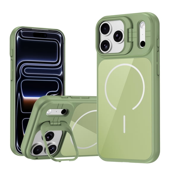 Case for iPhone 15 Pro Max with Camera Cover Kickstand, Compatible with MagSafe, Ultra Slim Protective Hard PC Tempered Glass Scratch-Resistant Phone Case Cover, Green