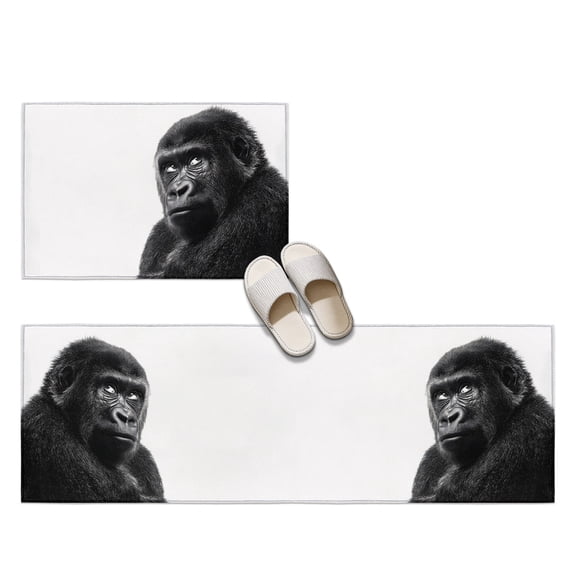 Gorilla Portrait 2 Pieces Non-Slip Kitchen Mat Set, Animal Minimalist Modern Black White Soft Door Mat with Rubber Backing, Dirtproof Rugs for Entrance Doorway, 23.6x35.4in+23.6x70.9in