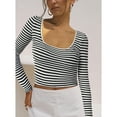 thumbnail image 5 of Women's Y2K Cropped Slim Fit U-Neck Long Sleeve Knit T-Shirt, Two Tone Striped Design Stretchy Comfortable Top for Casual Wear, Daily Outfits and Retro Fashion Style Black L, 5 of 7