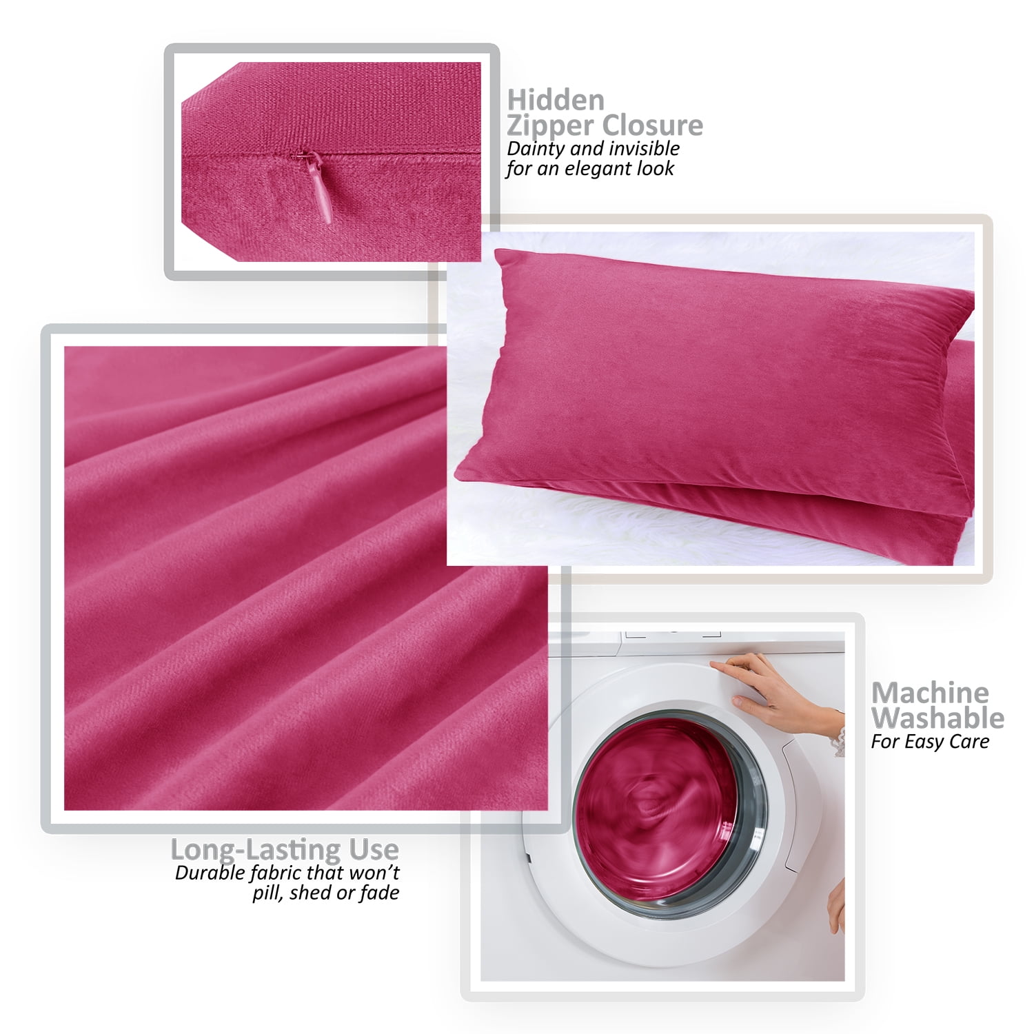 Clara Clark Plush Solid Decorative Microfiber Square Throw Pillow Cover with Throw Pillow Insert for Couch, Hot Pink, 28"x28"", 4 Piece Decorative Soft Throw Pillow Set