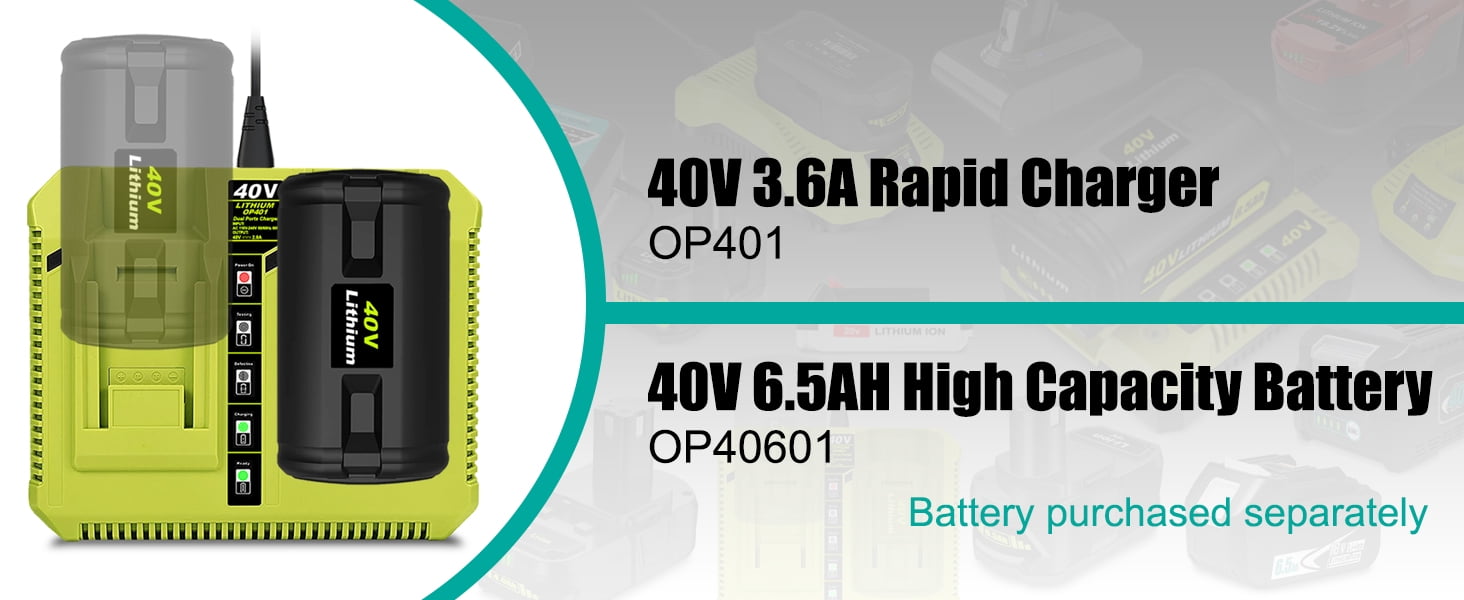 OP401 40V Dual Battery Charger Replacement for Ryobi 40V Lithium-ion Battery Rapid Charger OP401 OP403 OP404 OP406 OP407A OP40601 6Ah OP40602 5Ah OP4050 4Ah OP4040 40 Volts Dual Charger