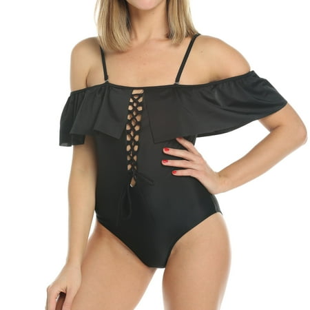 Rib Short Sleeve One Piece - FITTOO Women Solid Color Swimsuit Short Sleeve Off Shoulder Overlay One-Piece Monokini Bikini Swimsuit