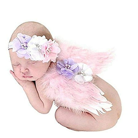 Jackcell Newborn Photography Props Angel Wings Costume, Outfit Baby Girl Picture Props with Flower Headband (Pink)***Small