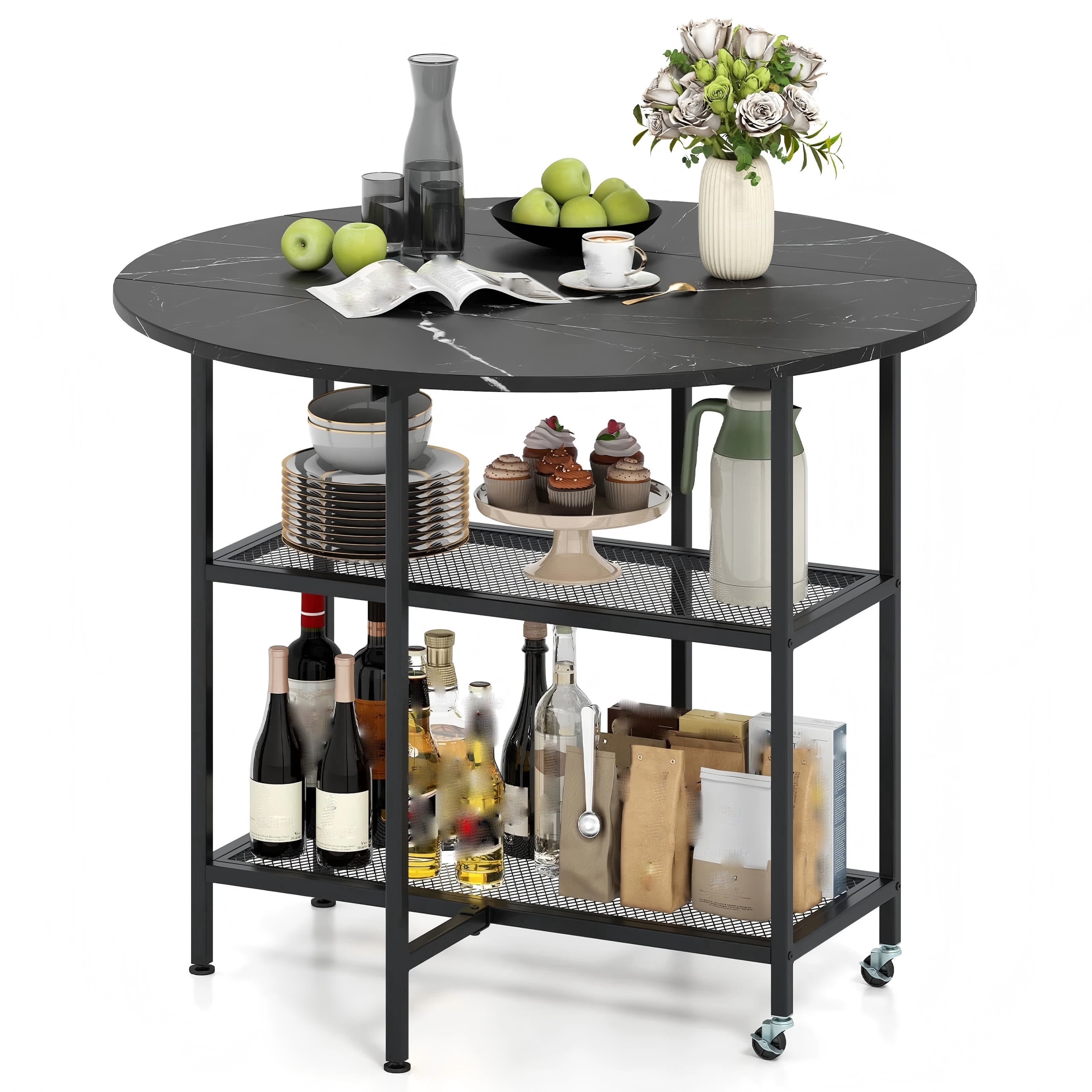 Auranook Round Folding Dining Table, Round Drop Leaf Kitchen Table with 2-Tier Storage Shelf, 2 Lockable Wheels