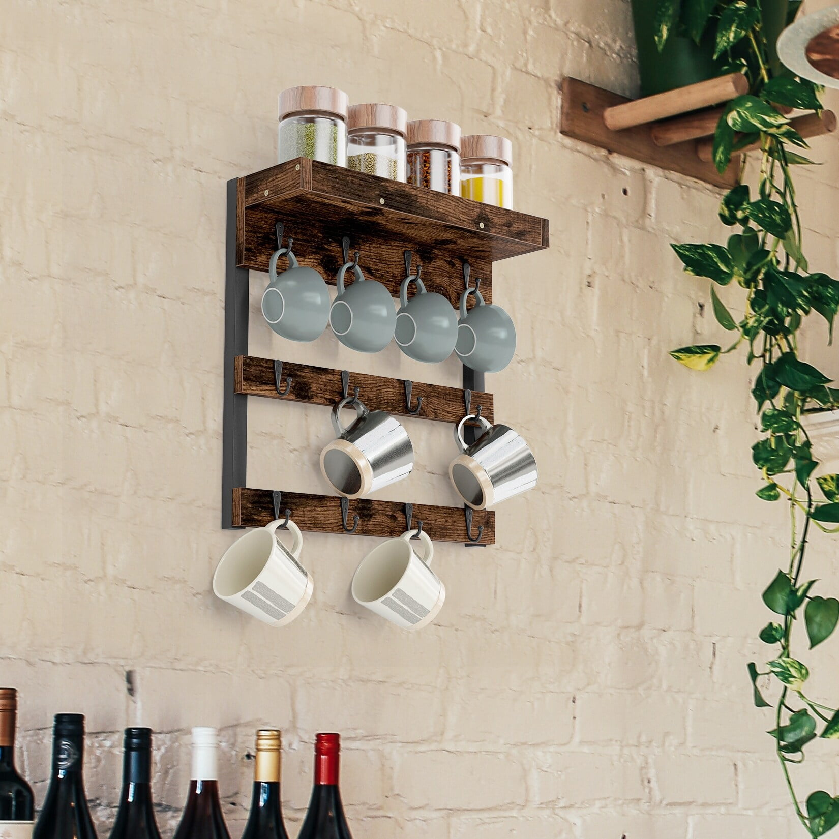 Free Shipping HBCY Creations Rustic Mug Rack Wall Mounted with Shelf 12 Coffee Cup Hangers Built in Shelf for Coffee or Sugar Wooden Coffee Mug Organizer Rustic Brown Walmart