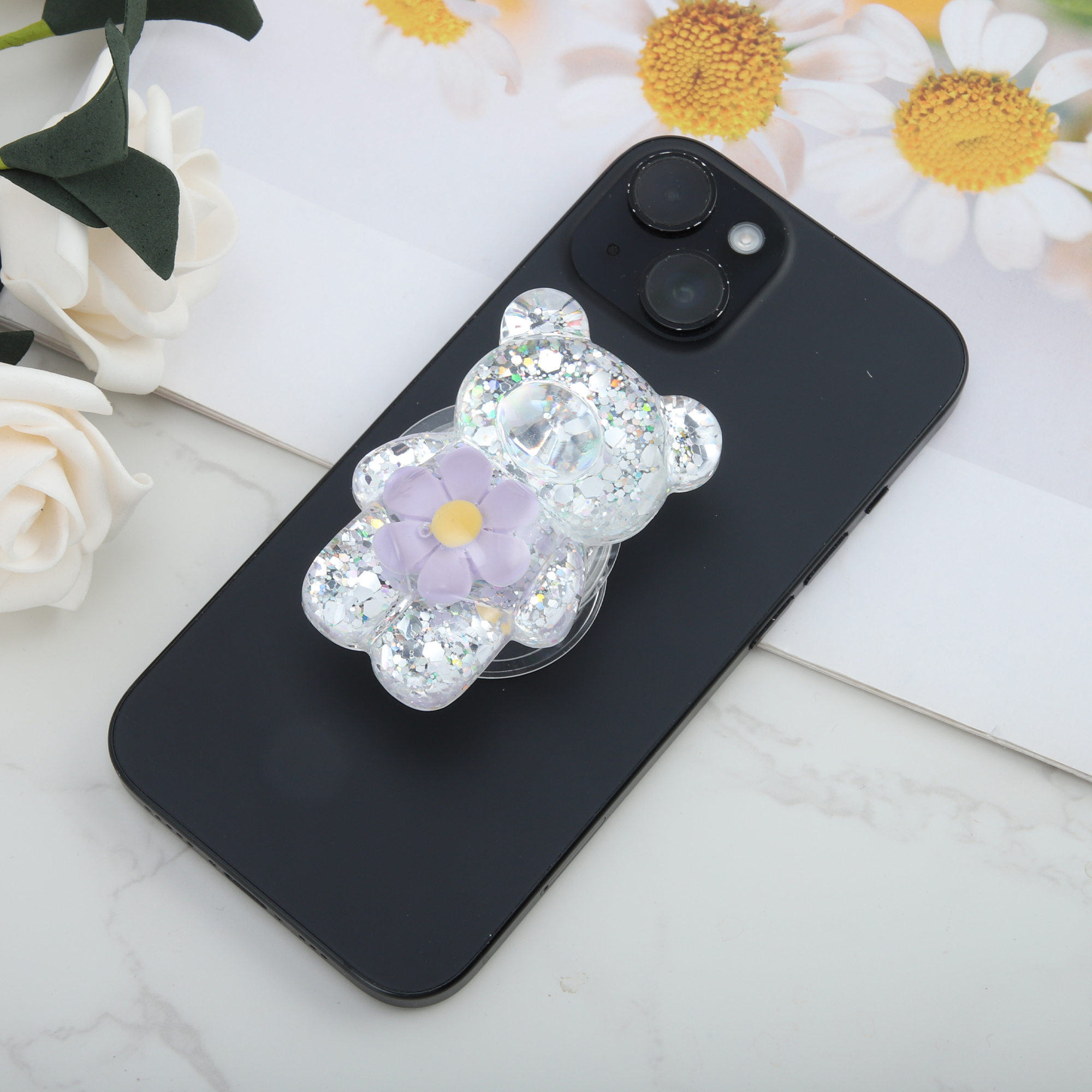 Unique Bargains Bear High-Shine Hexapetalous Flower Phone Grip Purple
