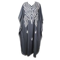 Mogul Women Beautiful Kimono Maxi Caftan Dress Black Floral Hand Embroidered Resort Wear Kaftan One Size