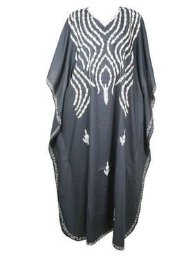 Mogul Women Beautiful Kimono Maxi Caftan Dress Black Floral Hand Embroidered Resort Wear Kaftan One Size