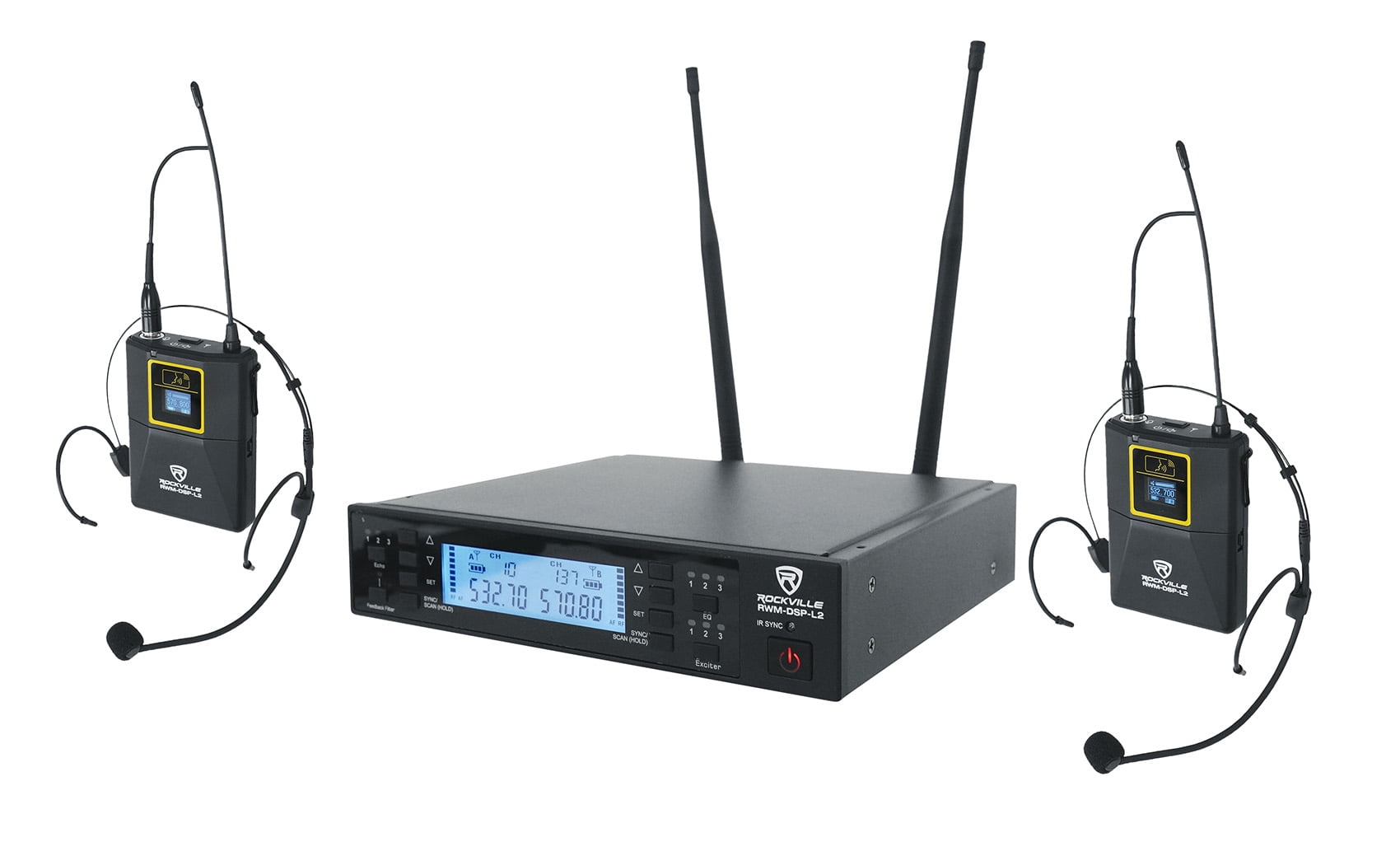 Rockville RWM-DSP-L2 Dual Lapel+Headset UHF 200Ch Microphone System DSP Control