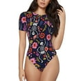 thumbnail image 2 of Uemuo Dancing Skeletons Floral Garden Pattern Women's One Piece Short Sleeve Swimsuit Rash Guard Surfing Modest Quick-drying Swimsuit Beach Essentials-XX-Large, 2 of 9