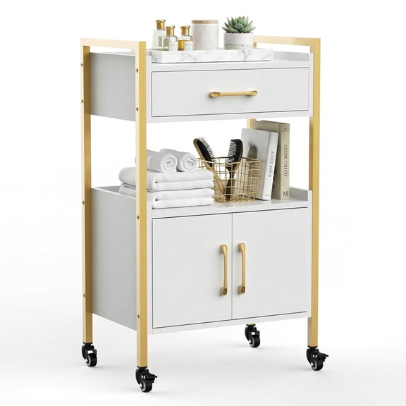 Luxury Salon Rolling Cart with Drawer & Cabinet, White & Gold Beauty Storage Trolley with Lockable Wheels for Barber Shop, Spa, Home Use