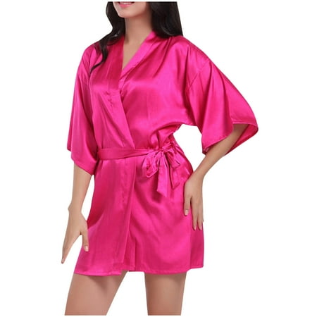 VONCOS Women s Satin Robe Sleepwear- Summer Sexy Bathrobe Valentines Lingerie for Women Sling Short Robes Hot Pink Size XL