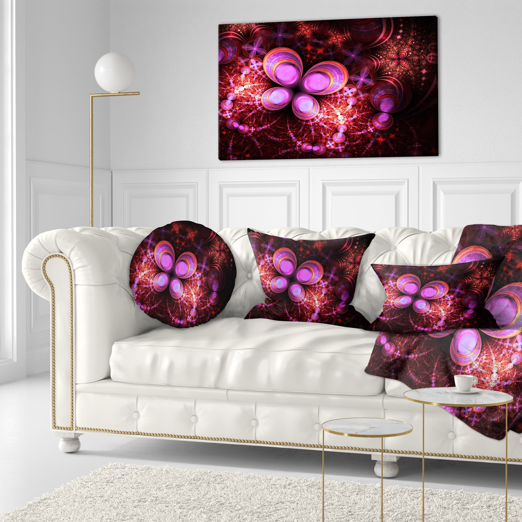 Designart Glowing Purple Pink Fractal Flower - Floral Throw Pillow - 12x20