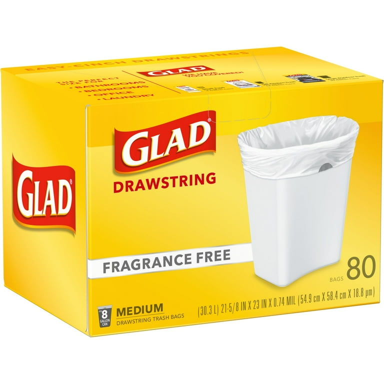 Glad 8 Gallon Medium Drawstring Trash Bags, Fragrance Free, 80 Bags 