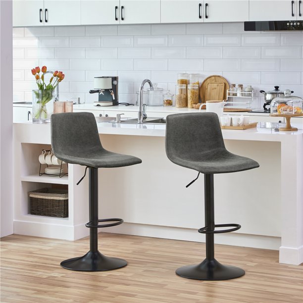 SMILE MART 2pcs Vintage Adjustable Bar Stools with Low Back for Kitchen, Gray
