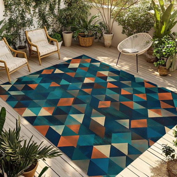Fsddascl Teal Orange Abstract Art Outdoor Rug for Patio/Deck/Porch, Non-Slip Large Area Rug 5 x 8 Ft, Geometric Modern Art Indoor Outdoor Rugs Washable Area Rugs, Reversible Camping Rug Carpet