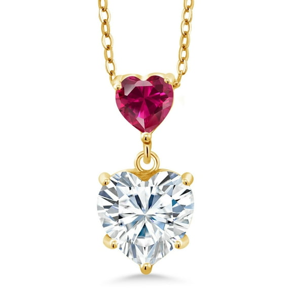 Gem Stone King 18K Yellow Gold Plated Silver Red Created Ruby Pendant with Chain Set with Moissanite (2.40 Cttw)