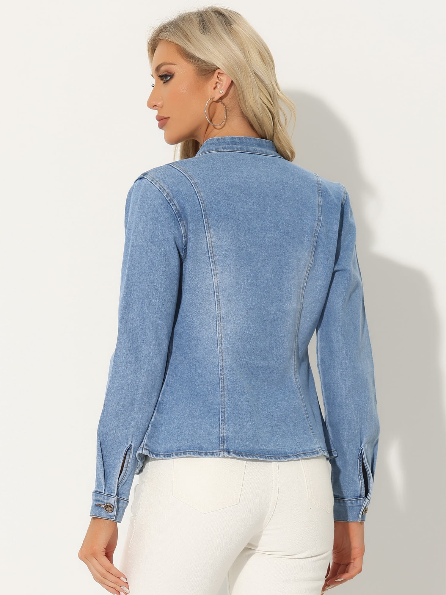 DARING DIVA Women's Classic Stand Collar Denim Jacket M Light Blue
