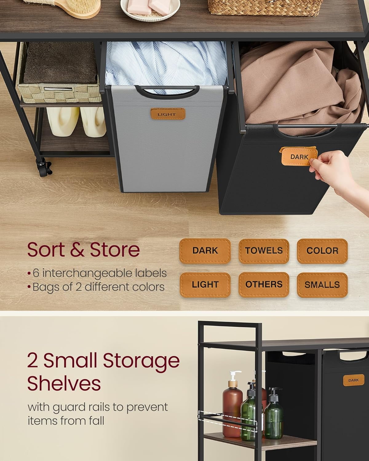 Laundry Hamper with 2 Compartments, 26.4 Gal. (100 L) Laundry Sorter, Rolling Laundry Cart 6 Labels, Chestnut Brown, Ink Black and Dove Gray