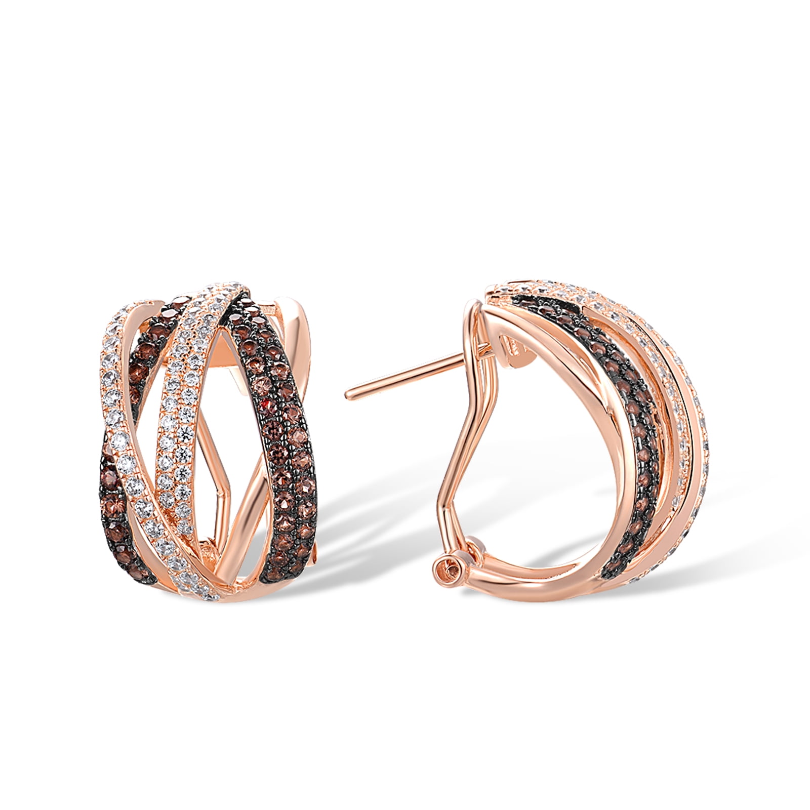 Santuzza Twisted Earrings 925 Sterling Silver Nano Brown Spinel White Cubic Zirconia Omega Back Earrings for Women