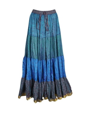 Mogul Women Blue Maxi Skirt Full Flared Printed Recycle Sari Casual Summer Bohemian Long Skirts ML