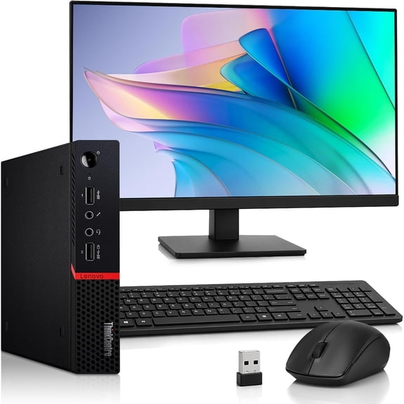 Restored Lenovo ThinkCentre M715 Tiny Desktop — AMD A12-9800E — 24" Monitor — 8GB DDR4 RAM — 128GB SSD — Wi-Fi — Wireless Keyboard & Mouse — PC Bundle — Windows 11