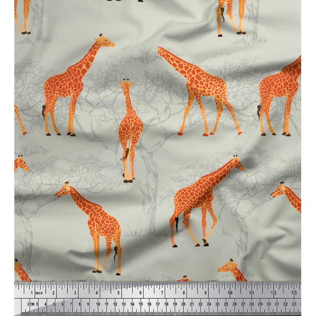 Soimoi Gray Cotton Voile Fabric Giraffe Forest Print Fabric by Yard 56 Inch Wide