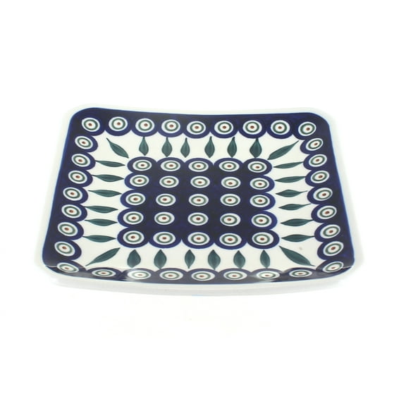 Blue Rose Polish Pottery Peacock Square Dessert Plate