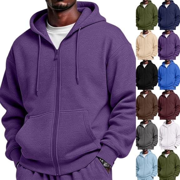 Men'S Sweatshirts Fleece Oversized Hooded Sweatshirt with Pockets Long Sleeve Zip Up Hoodie Warm Fall Sweatshirt,XL,Purple