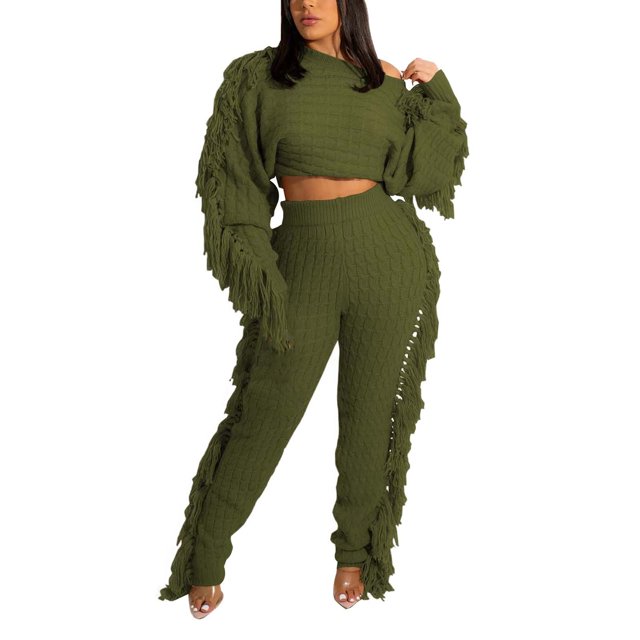 Gibobby Sudaderas de Forro Polar y Pantalones Conjunto casual de suéter con flecos de manga larga de punto sólido para mujer(Verde,XL)