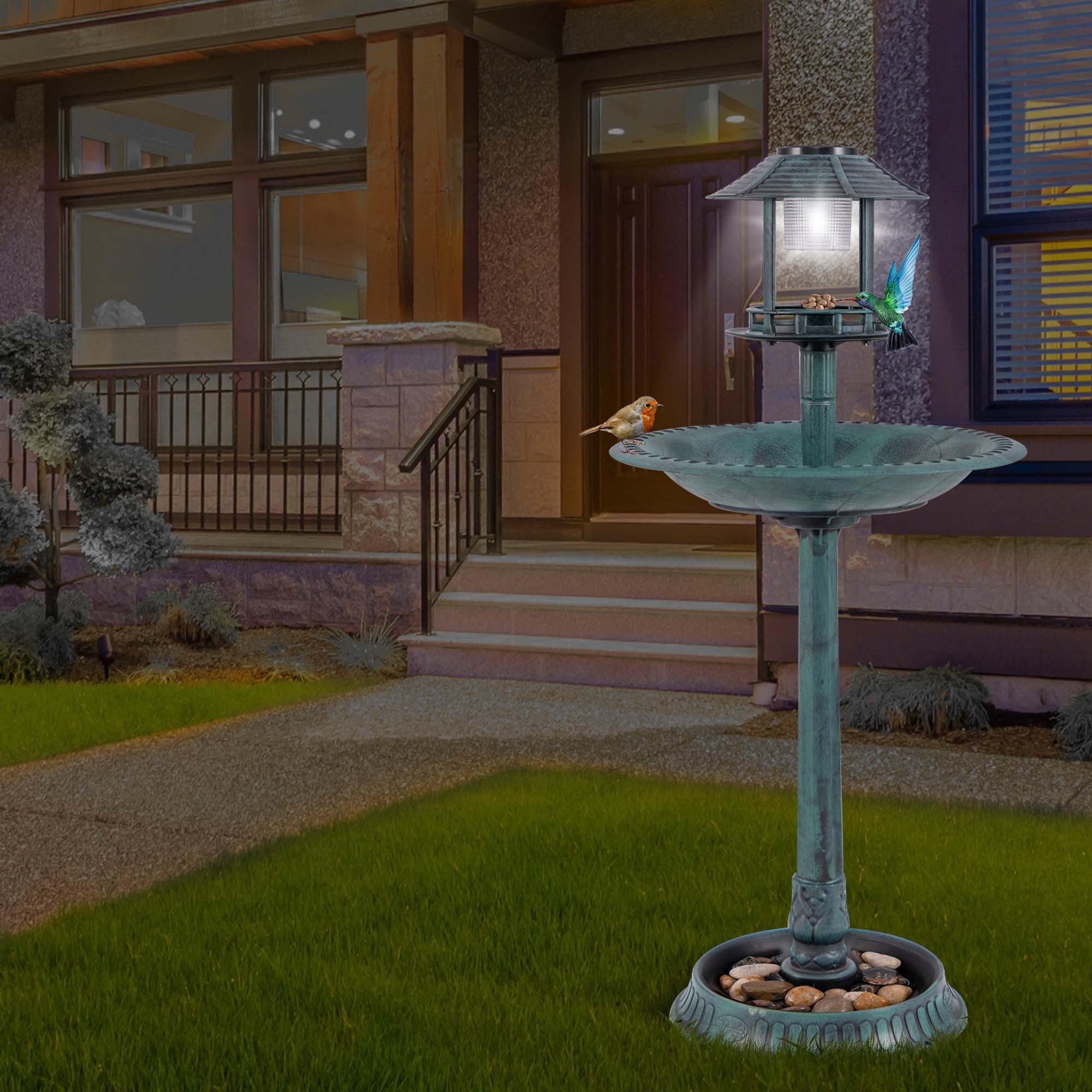 Costway 3-In-1 Pedestal Bird Bath with Solar Light with Bird Feeder & Flower Planter Bronze