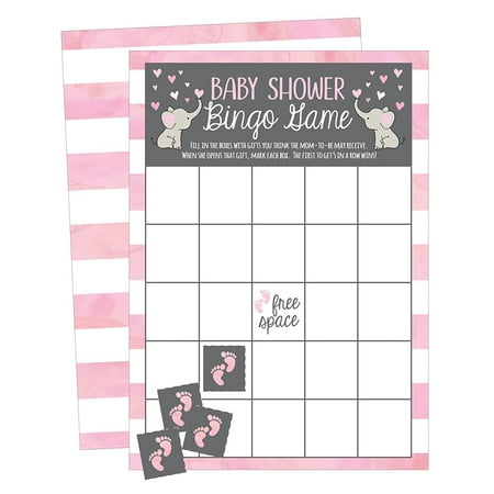 25 Pink Elephant Bingo Game Cards For Girl Baby Shower, Bulk Blank Bingo Squares, PLUS 25 Pack of Baby Feet Game Chips, Funny Baby Party Ideas and Supplies, Cute Kids Animal Woodland Paper