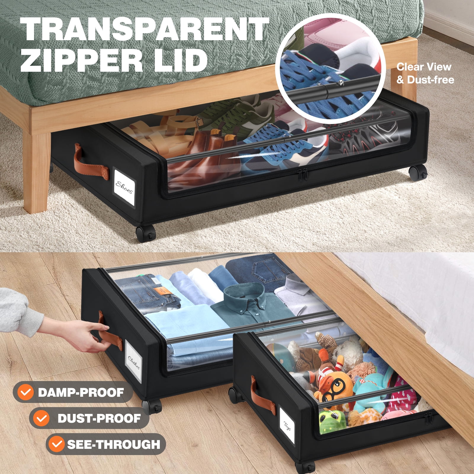 Livhil Under Bed Storage with Wheels, 2Pack Under Bed Storage Containers, Under Bed Shoe Storage and Bins (Black)
