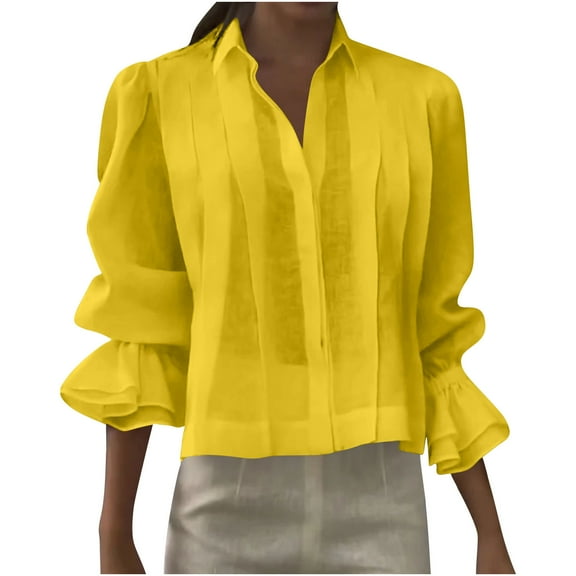 Kaemgyyd Button Down Shirts for Women Trendy Solid Color Lantern Long Sleeve Blouses Dressy Casual Spring Tops with Pleated