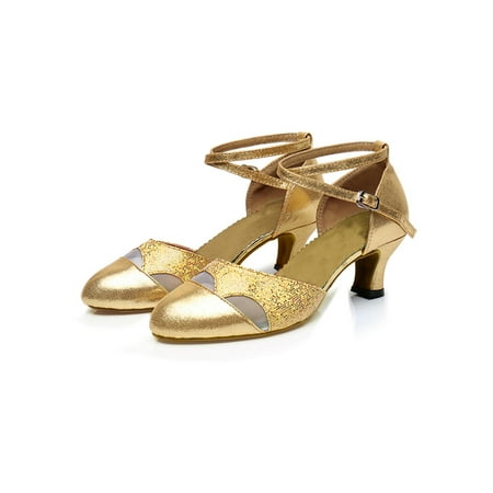 

Ymiytan Women Sandals Ankle Strap Dancing Shoe Closed Toe Dance Shoes Ballroom Comfort Non-Slip Professional Heeled Sandal Gold 8