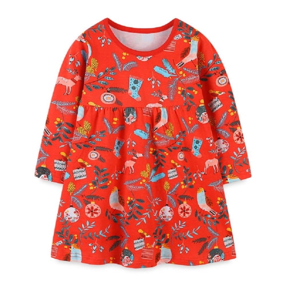 Godderr Toddler Kid Baby Girl Cartoon Christmas Dress Round Neck Casual Cotton Princess Dress for 2-7