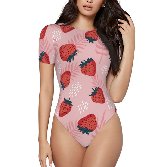 Balery Strawberries Body de cuello redondo de manga corta para mujer Tops de manga corta Tops básicos-XX-Large