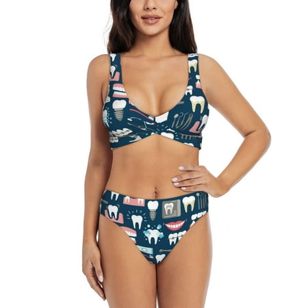 Zeuib Dental High Waisted Tummy Control Bikini Set - Knot Front Push Up Top & Cheeky Thong Bottom  Two-Piece Swimsuit for Women-XX-Large