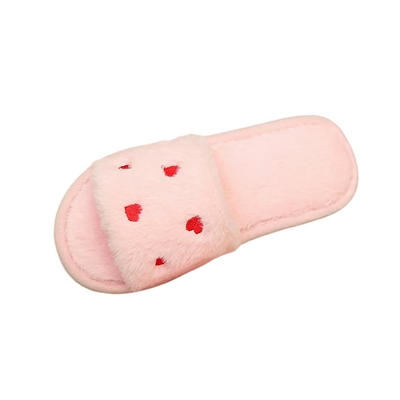 Xfvqtps Fluffy Slippers for Women Love Embroidery Winter Warm Open Toe Slip on Furry Cozy Indoor and Outdoor Plush Shoes Pink
