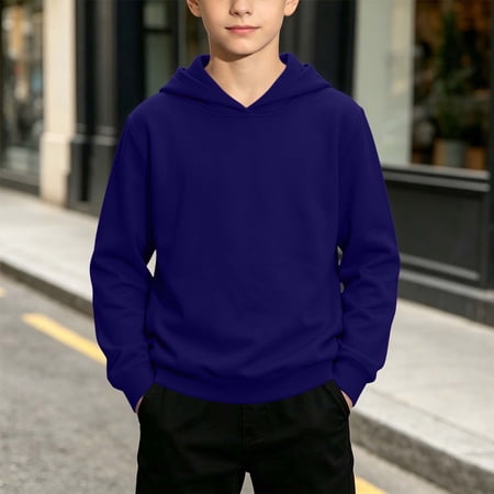 Kids Solid Color Sweatshirt Hooded Long Sleeve Pullover Medium To Large Sizes Casual Hoodie For Kids Dark Blue 7-8 Years